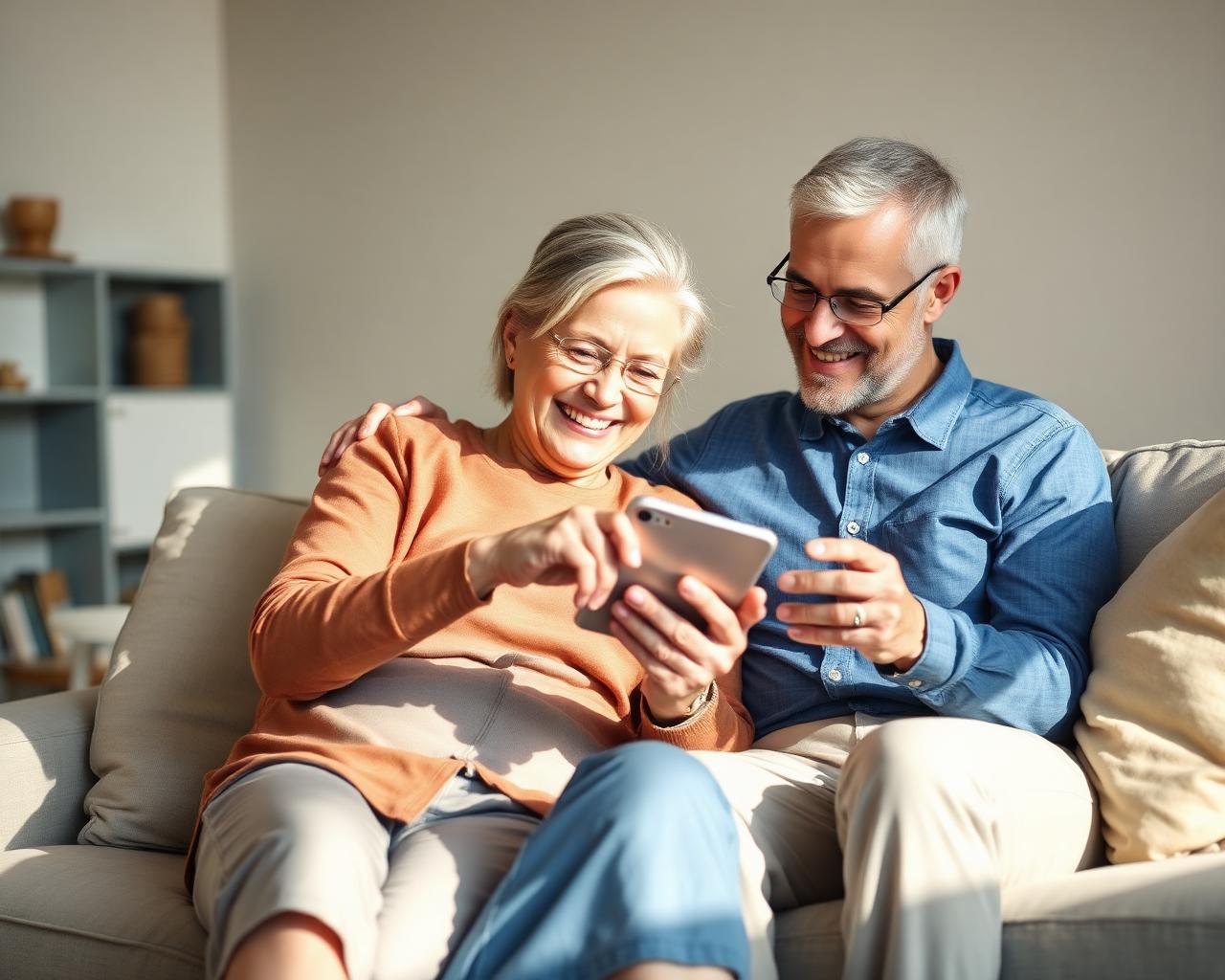 A caregiver and an adult sharing a phone together on a sunlit sofa