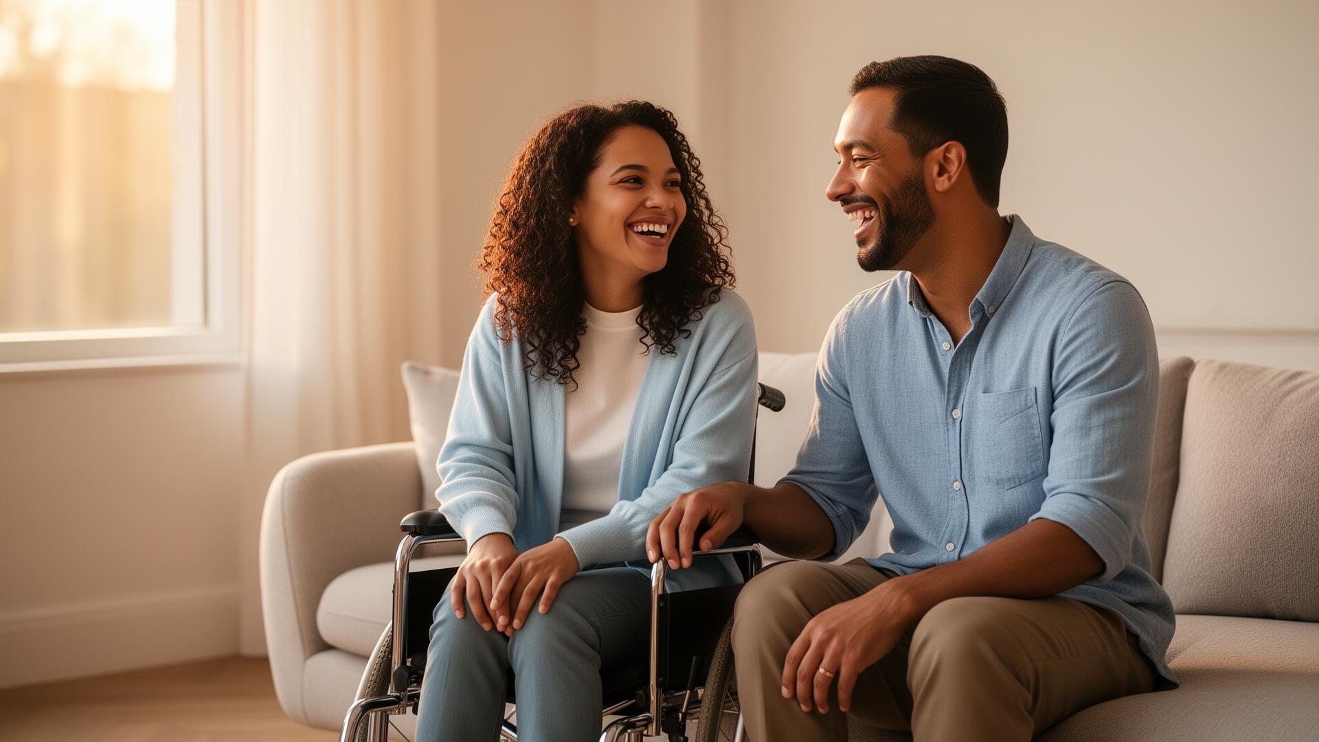 A smiling couple — one using a wheelchair, sitting close together and sharing a joyful moment