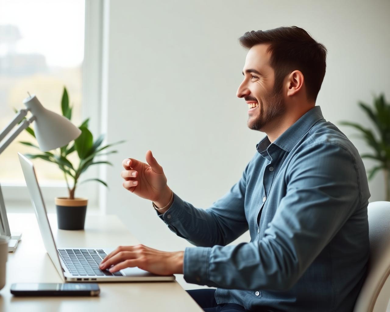 A man smiling on a video call from his bright home office